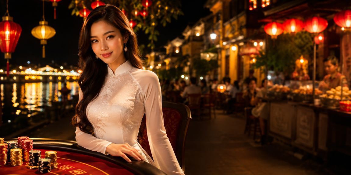 Cảnh giải trí casino tại Hội An với trang phục áo dài truyền thống Việt Nam